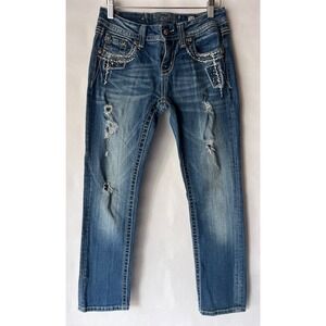 Miss Me Embellished Distressed Cropped Jeans Womens Size 25 Denim Bling